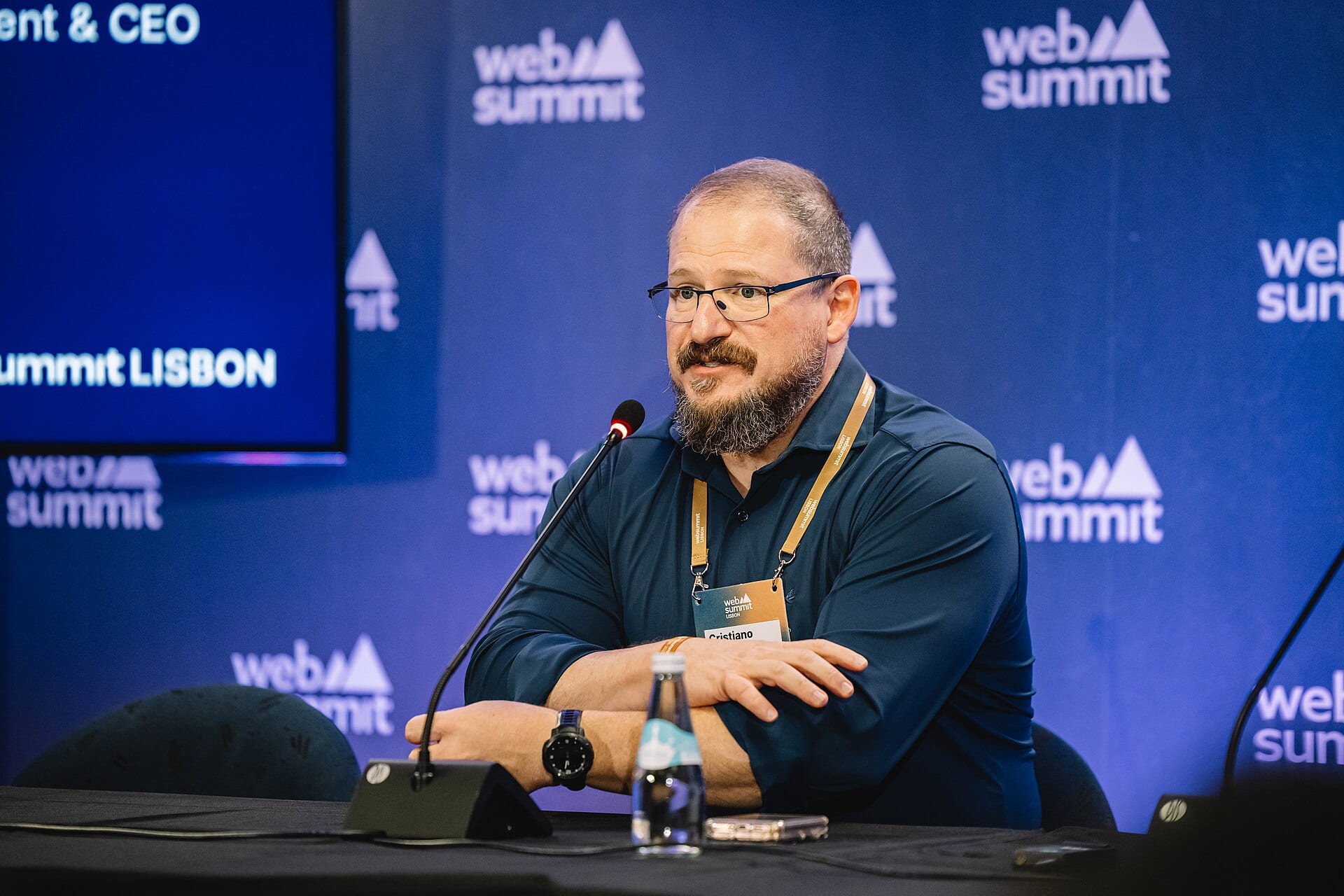 Qualcomm CEO Cristiano Amon speaking on a panel at Web Summit in Lisbon