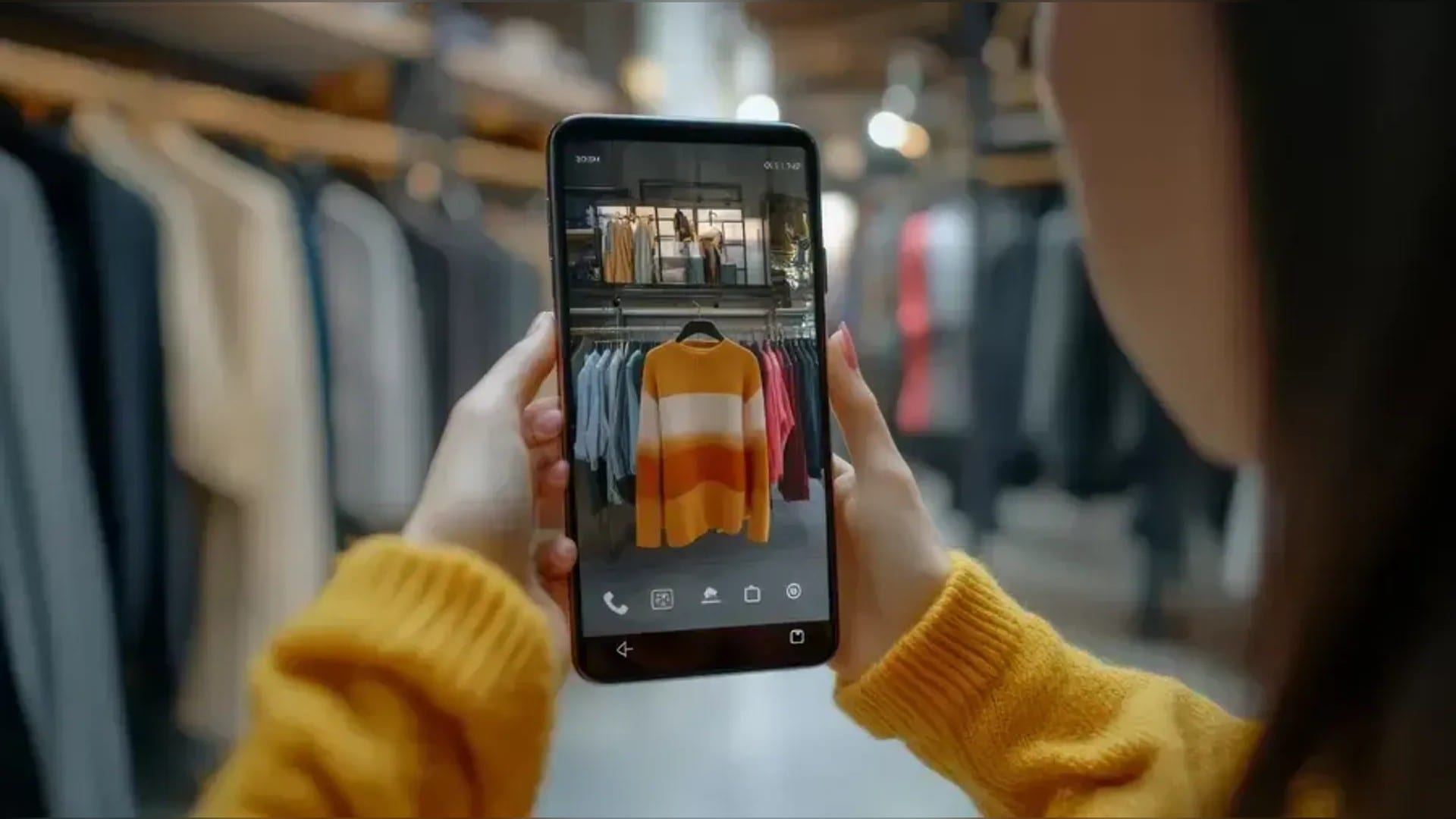 A woman shops for clothing on her smartphone inside a store