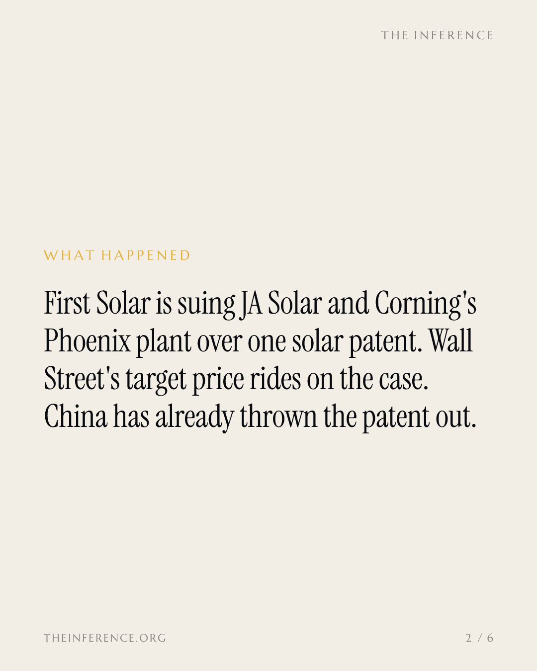 First Solar sues JA Solar and Corning's US plant as $97 a share to the street's target rides on one patent — slide 1