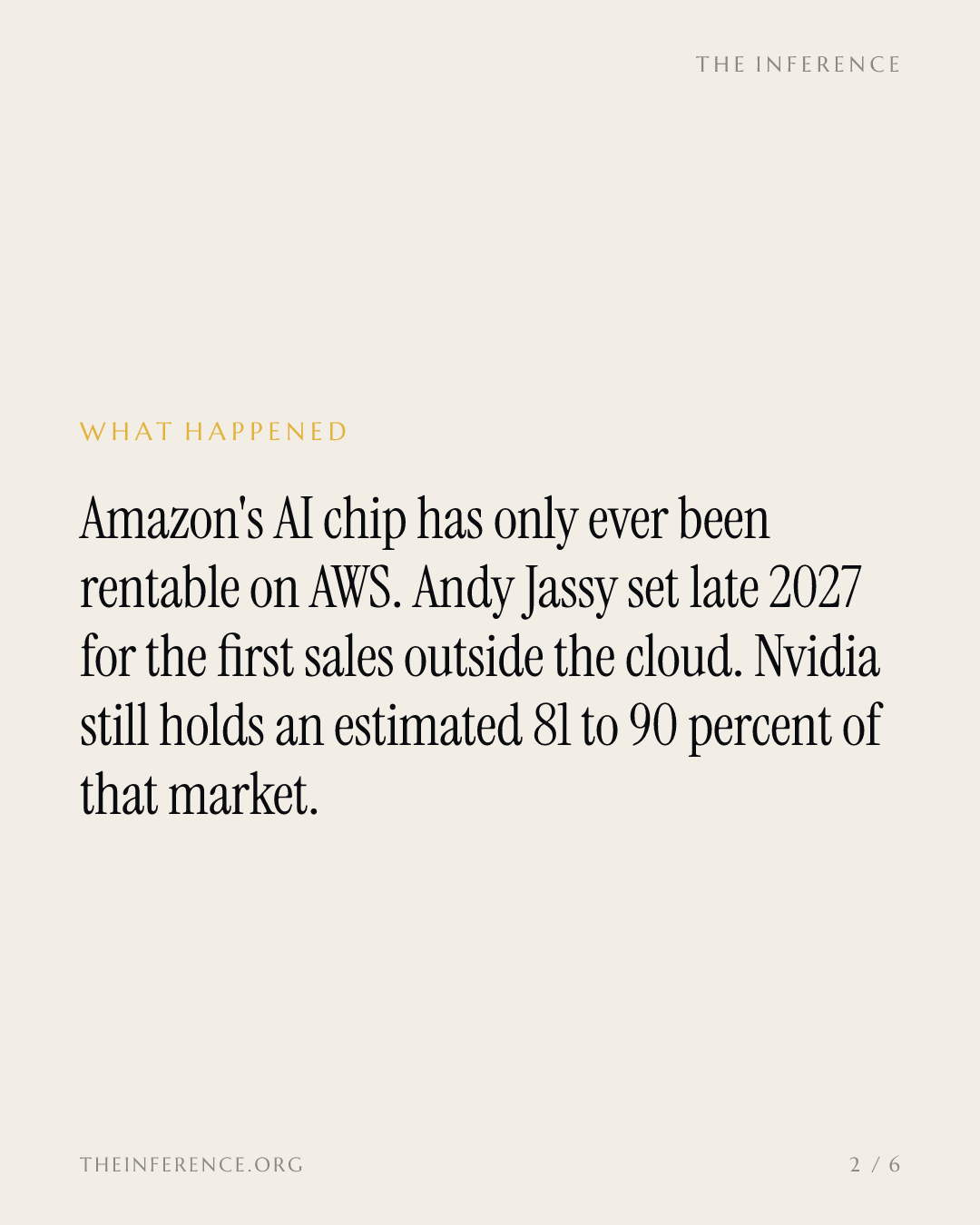 Amazon will sell Trainium chips outside AWS in late 2027, into a market Nvidia holds an estimated 81-90% of — slide 1