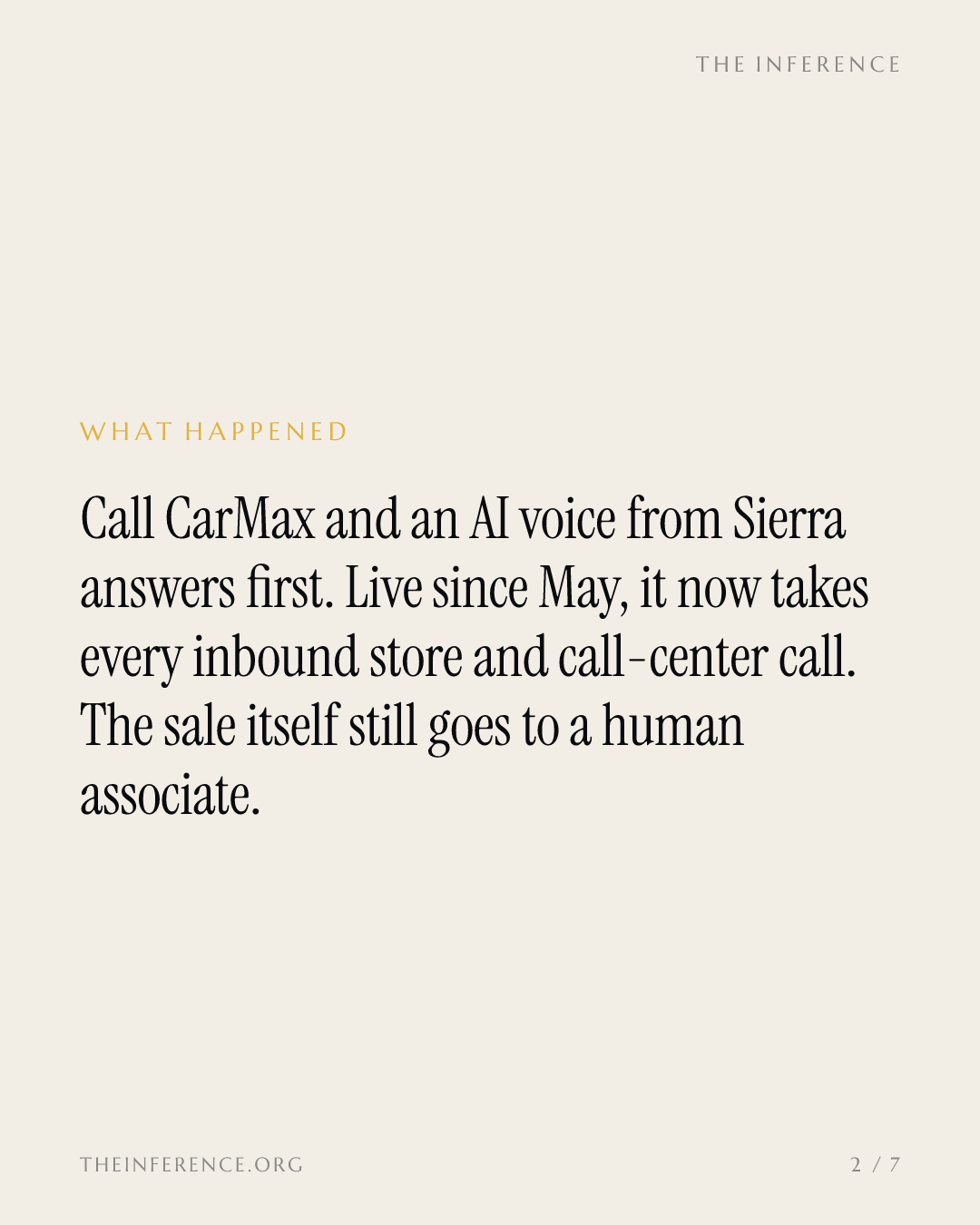 CarMax routes 100% of its calls through Sierra's AI, but the sale itself stays human — slide 1