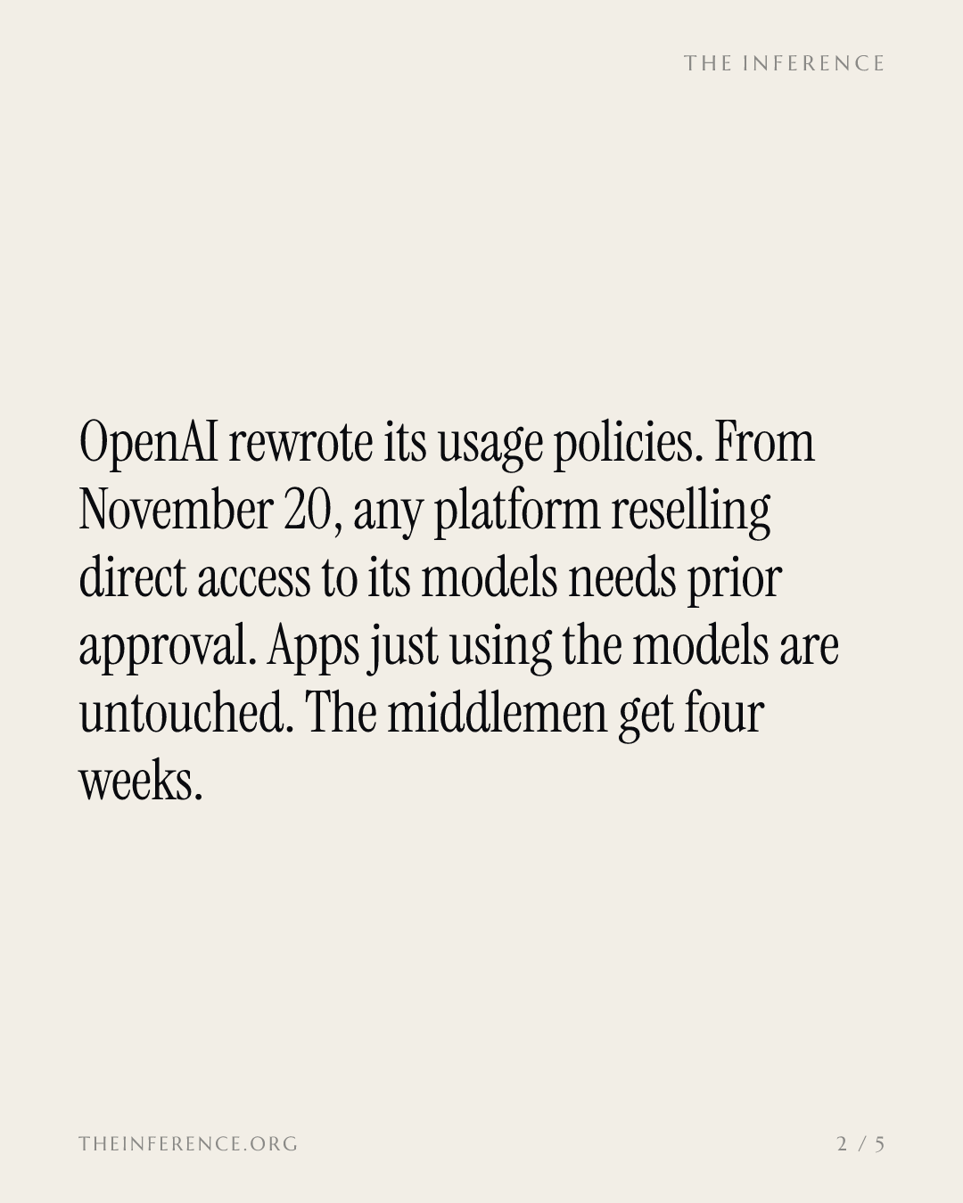 OpenAI requires approval for platforms reselling its models, effective November 20 — slide 1