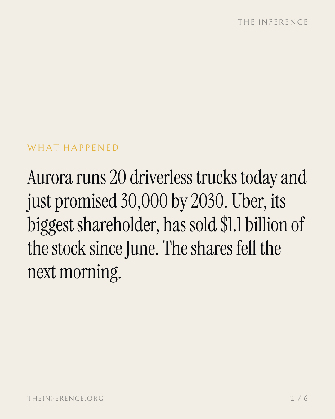 Aurora promet 30 000 camions sans chauffeur d'ici à 2030. Uber a déjà cédé 1,1 milliard de dollars de cette histoire — slide 1