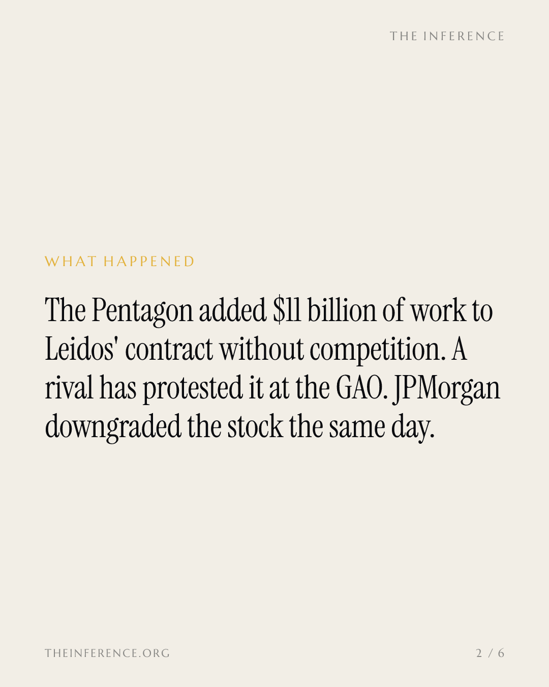 Leidos' $11 billion no-bid Pentagon award draws a second protest as JPMorgan cuts the stock — slide 1