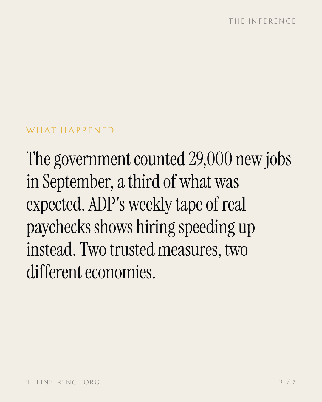 Official US hiring missed at 29,000 in September; ADP's own tape shows private payrolls accelerating — slide 1