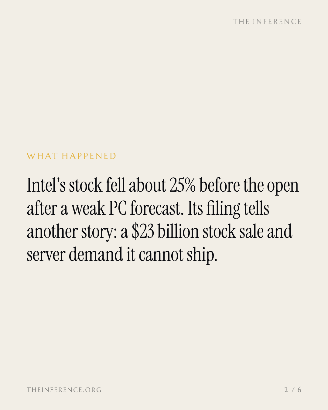 Intel down 25% premarket on a weak PC guide; its filing books $23 billion of stock and demand it cannot fill — slide 1