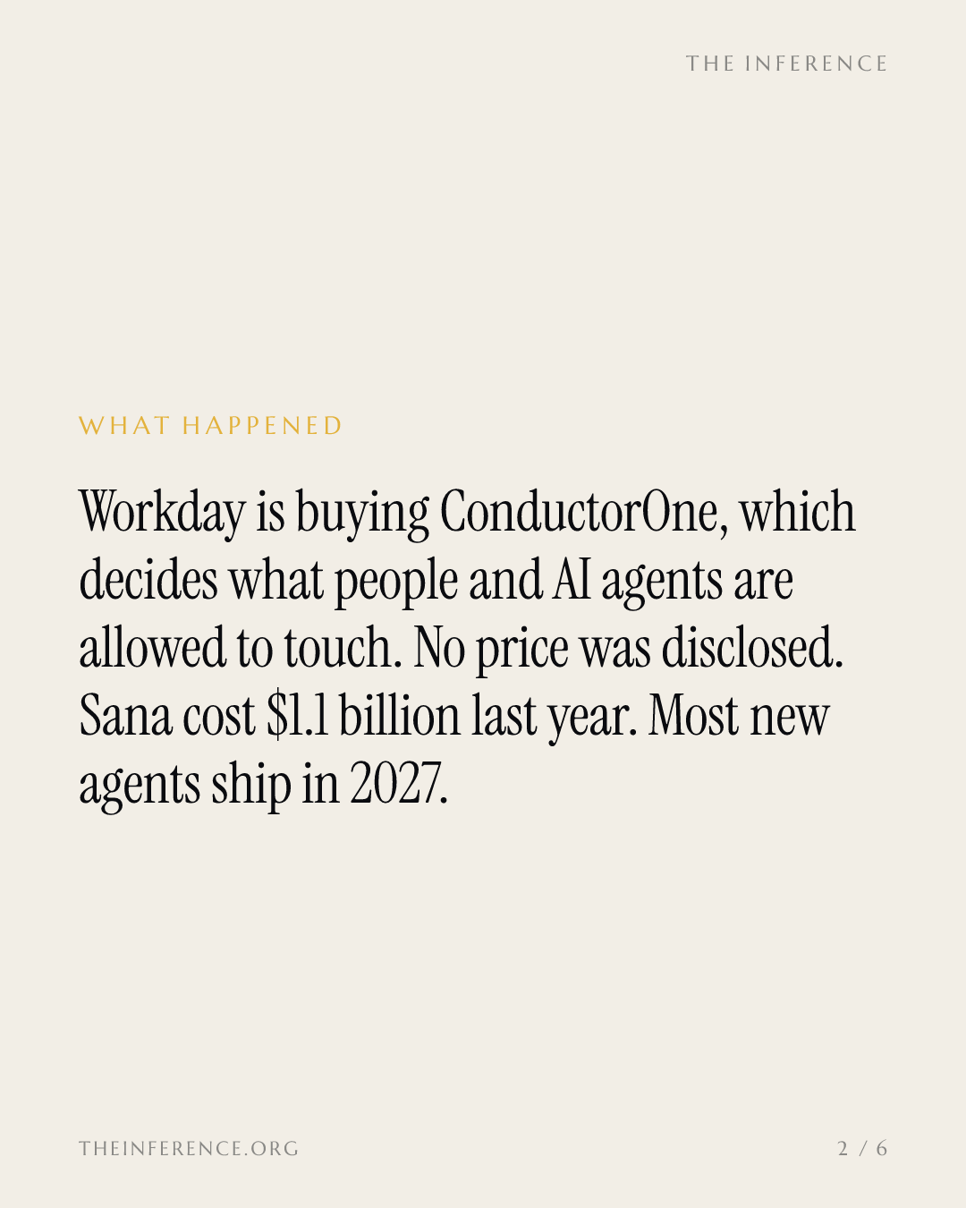 Workday agreed to buy identity startup ConductorOne without naming a price; Sana cost $1.1 billion last year — slide 1
