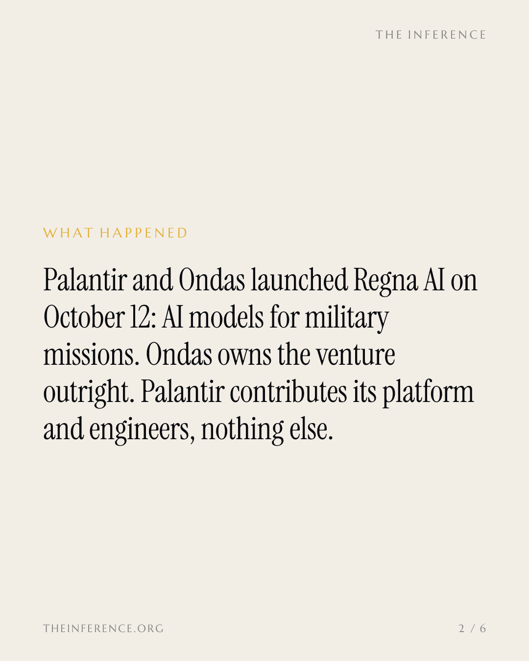 Ondas posee el 100% de Regna, la empresa de modelos de IA militar; Palantir no declara participación, precio ni contrato — slide 1