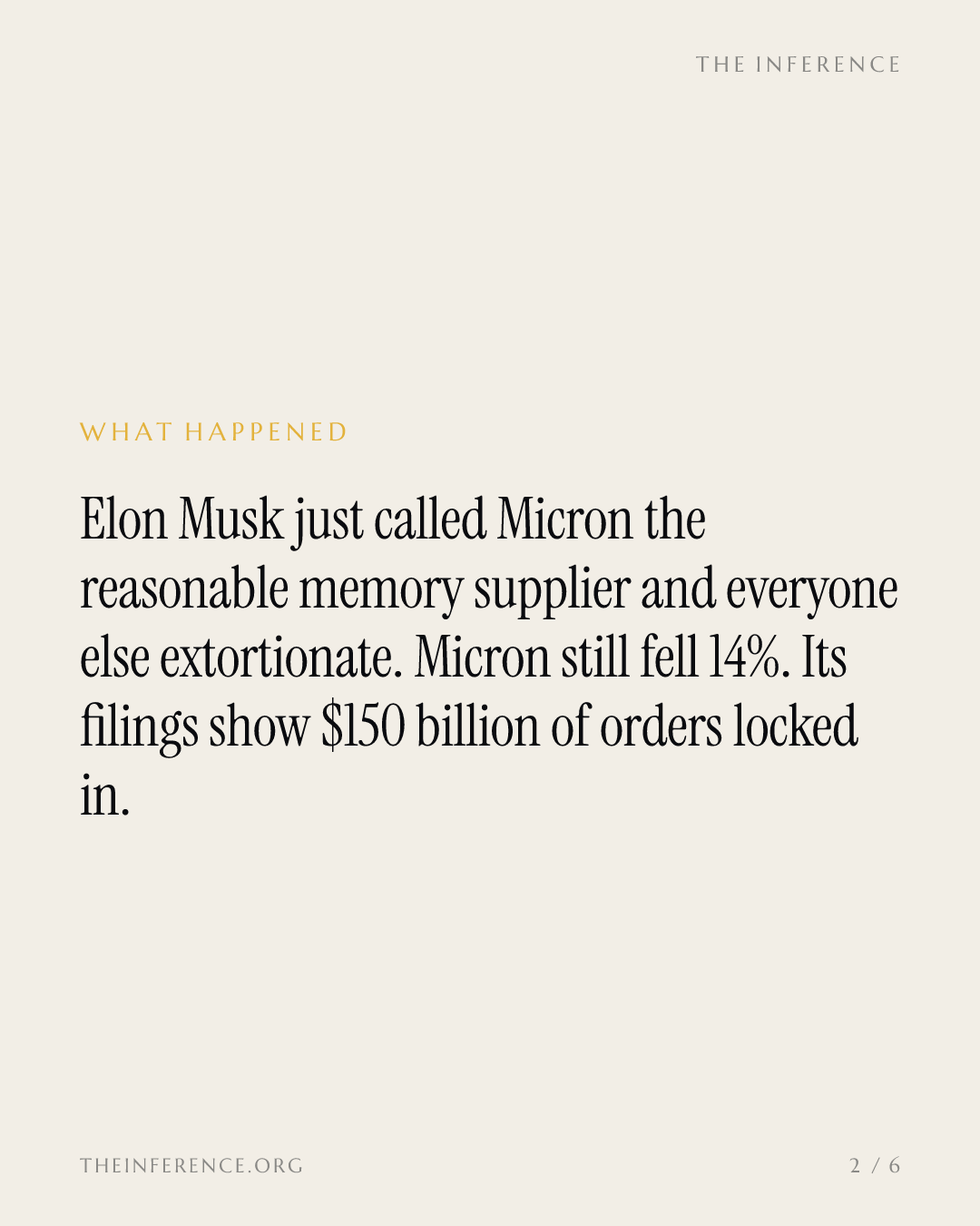 Musk calls Micron's prices reasonable as Micron fell 14% and $150 billion sits locked in — slide 1