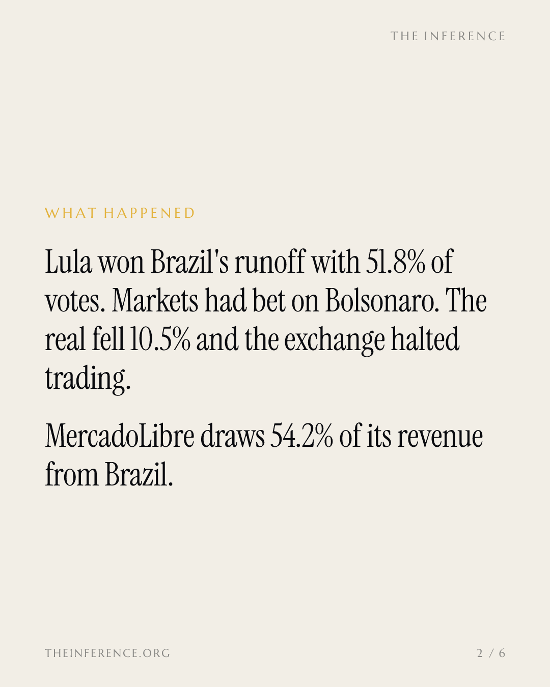 Lula's win knocked the real down 10.5% and hit MercadoLibre's Brazil-heavy revenue and new dollar debt — slide 1