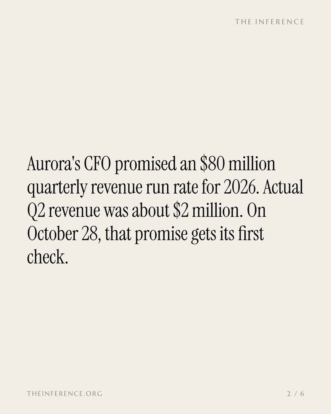 Aurora's CFO promised an $80 million quarter on $2 million of actual revenue; October 28 is the test — slide 1