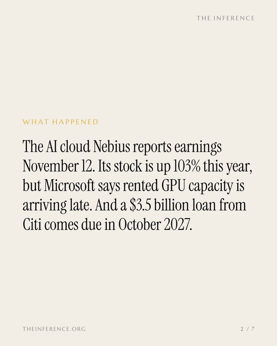 Nebius reports November 12. Its $3.5 billion Citi loan comes due October 2027. — slide 1