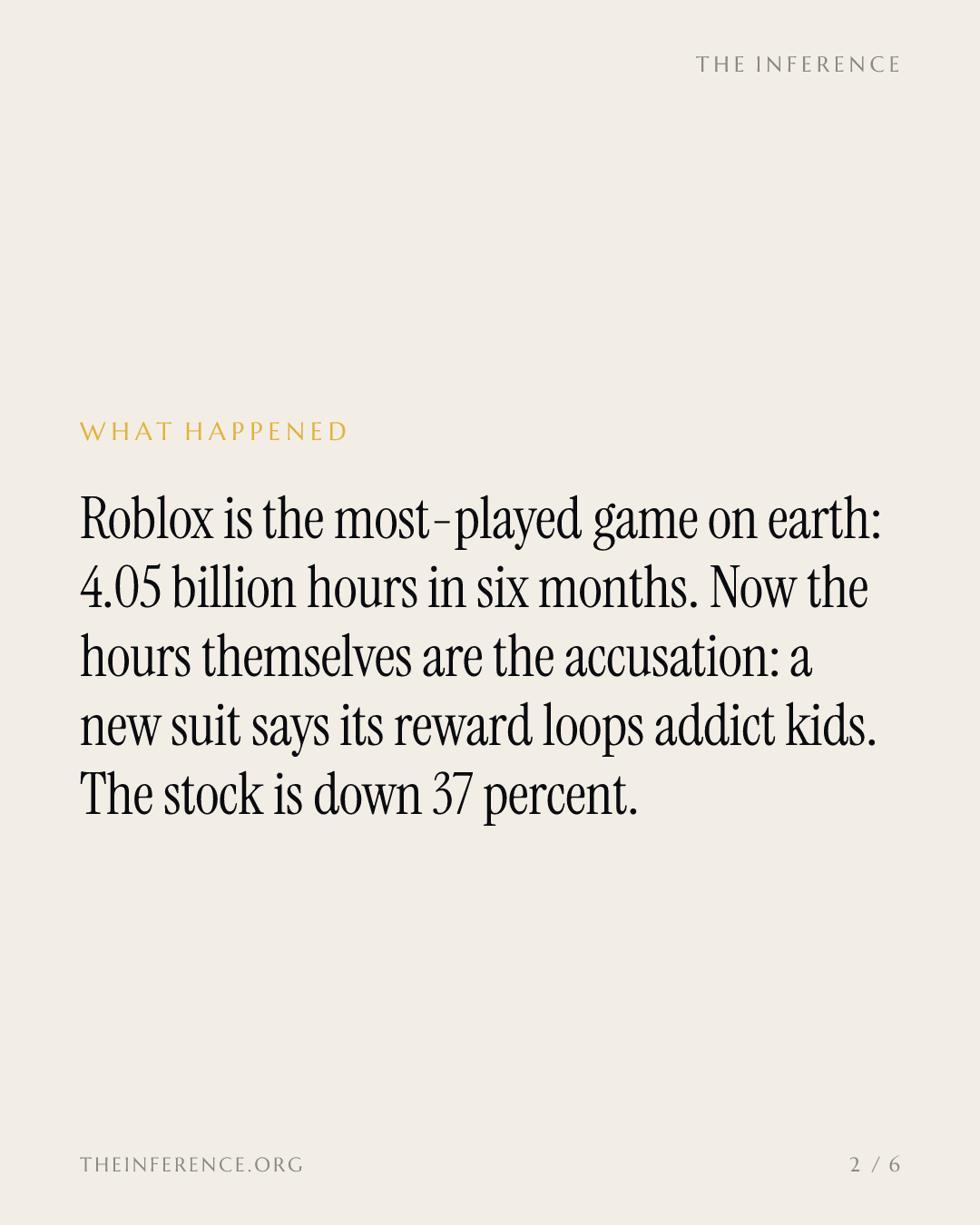 Roblox, most-played game on earth at 4.05 billion hours, now faces addiction suits; stock down 37% — slide 1