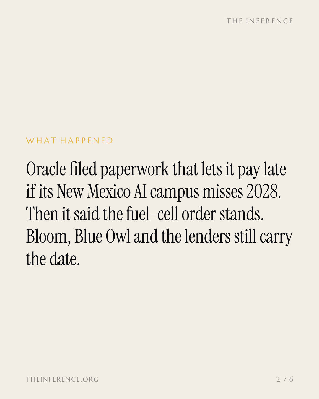 Oracle Bought the Option to Pay Late. Bloom and Blue Owl Carry the 2028 Date — slide 1