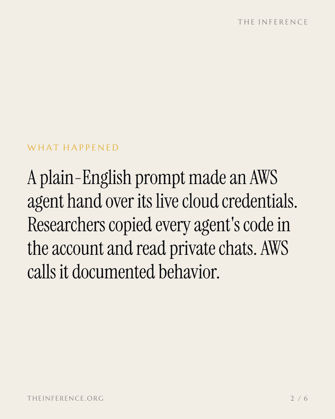 One prompt exposes AWS agent credentials; AWS calls it documented behavior amid a $220 billion capex plan — slide 1