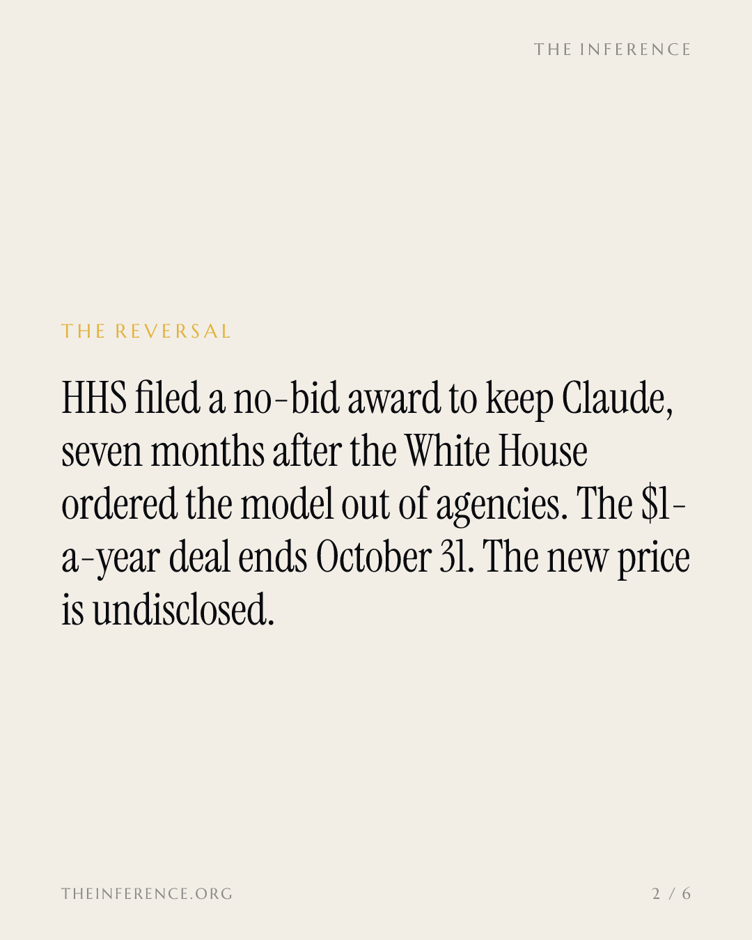 HHS banned Claude in March. Its October fix is a no-bid Anthropic award after a $1-a-year run — slide 1