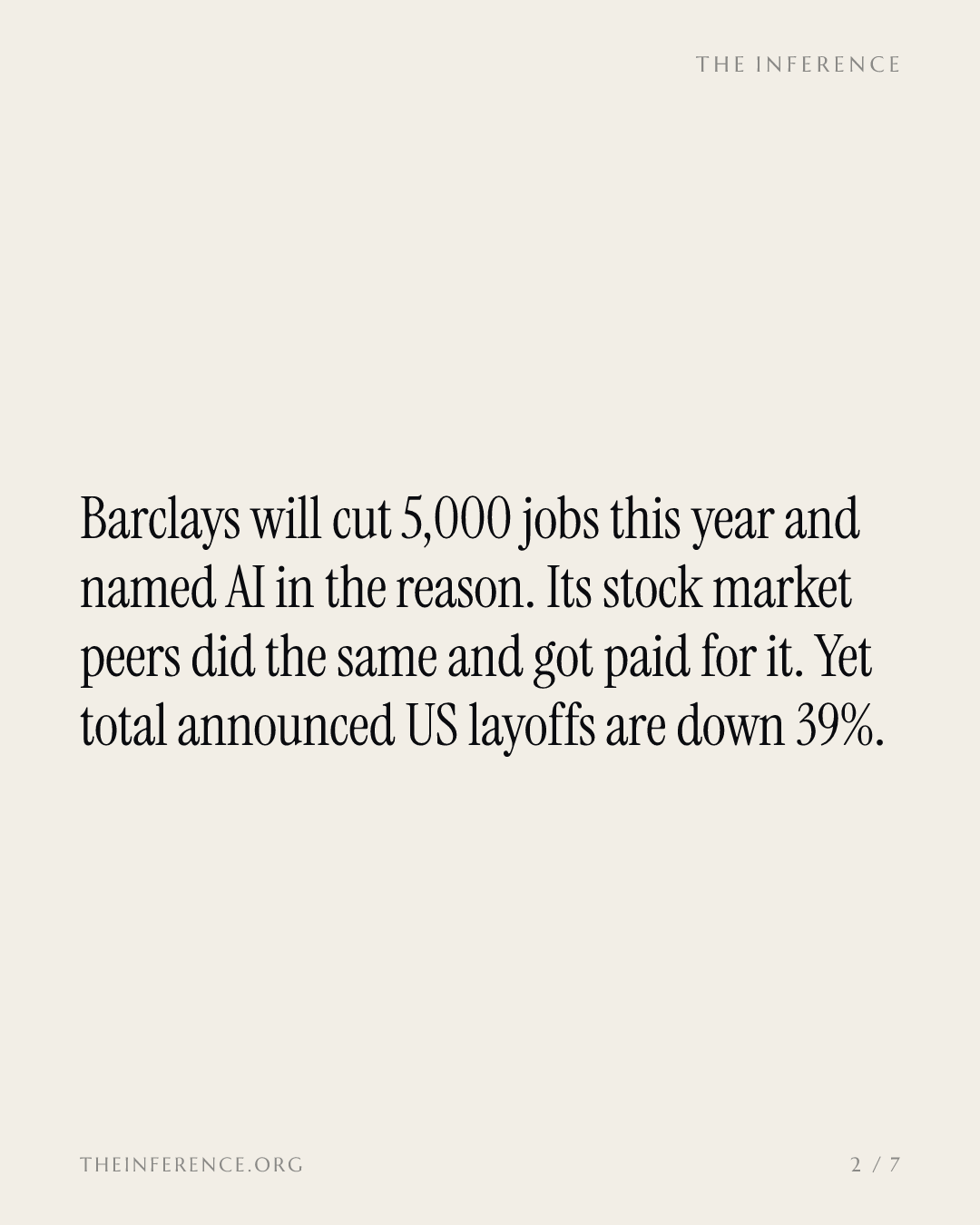 Barclays names AI in 5,000 job cuts while total US layoffs fall 39% — slide 1