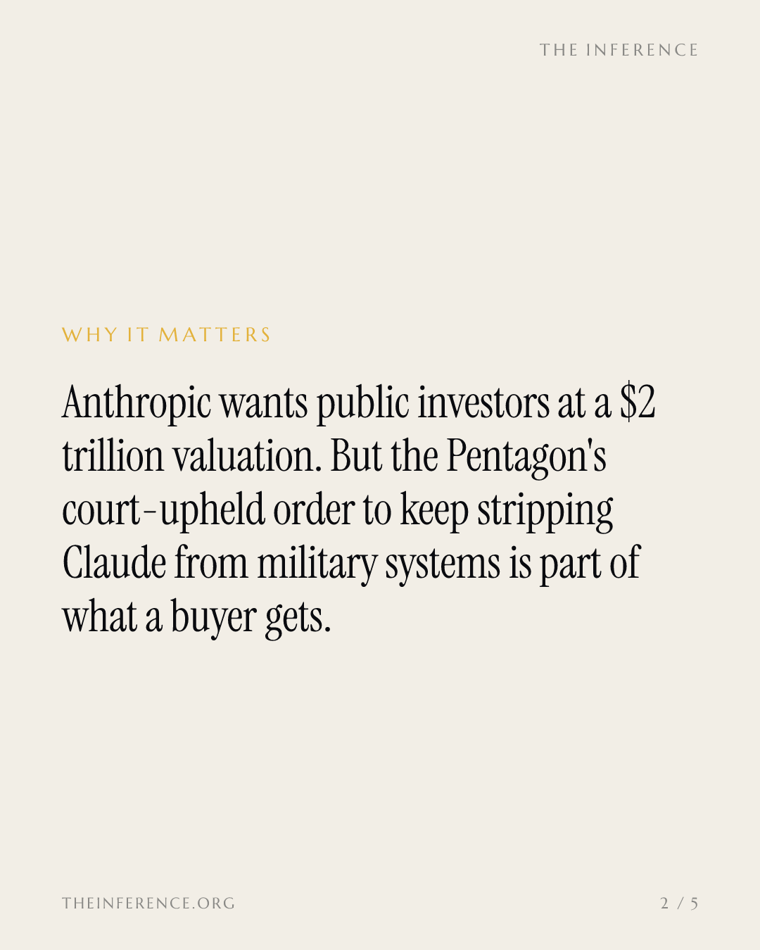 Anthropic pitches a $2 trillion IPO over the Pentagon's standing removal order — slide 1