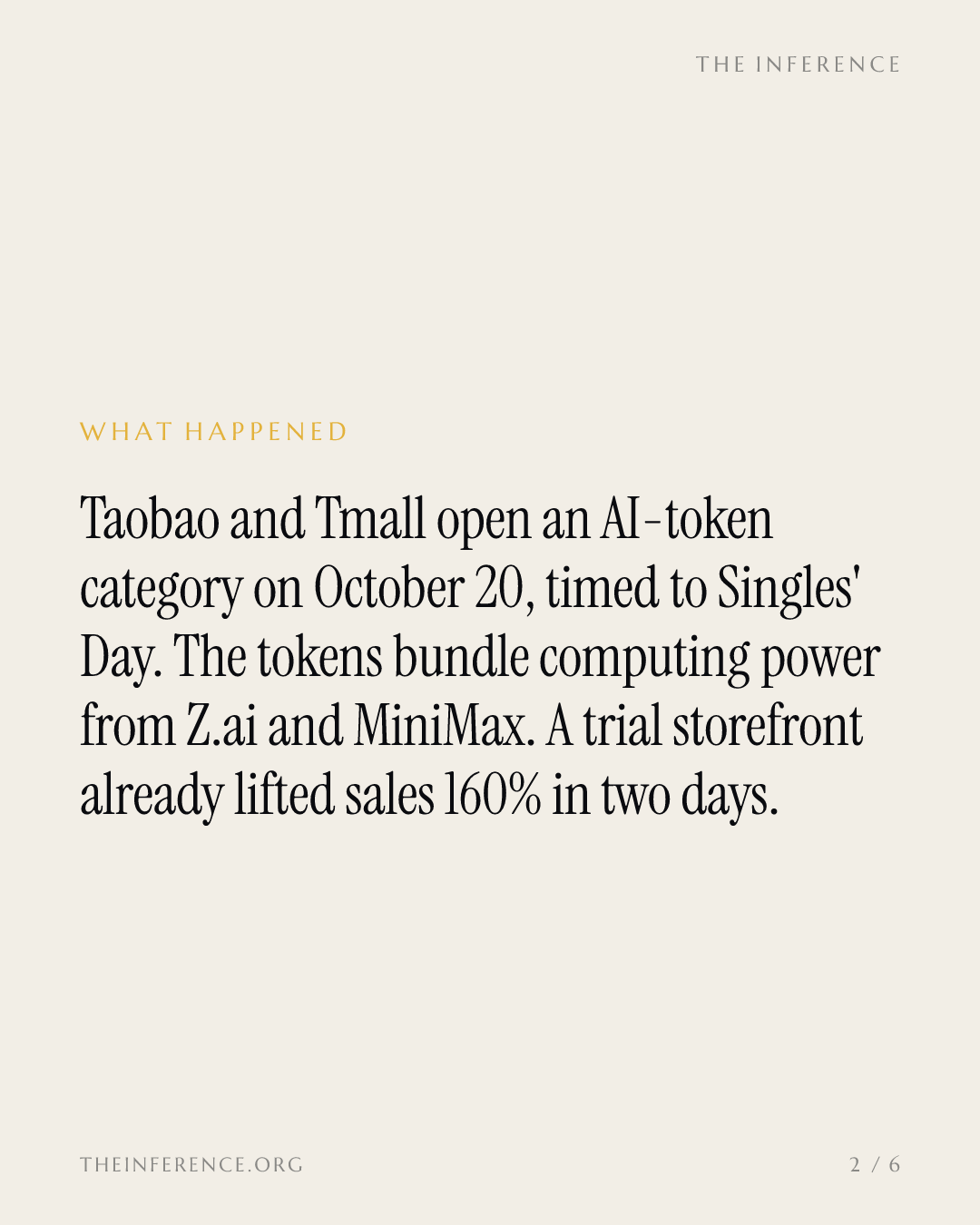 Alibaba starts selling AI tokens on Taobao October 20 after a Z.ai storefront lifted token sales 160% — slide 1