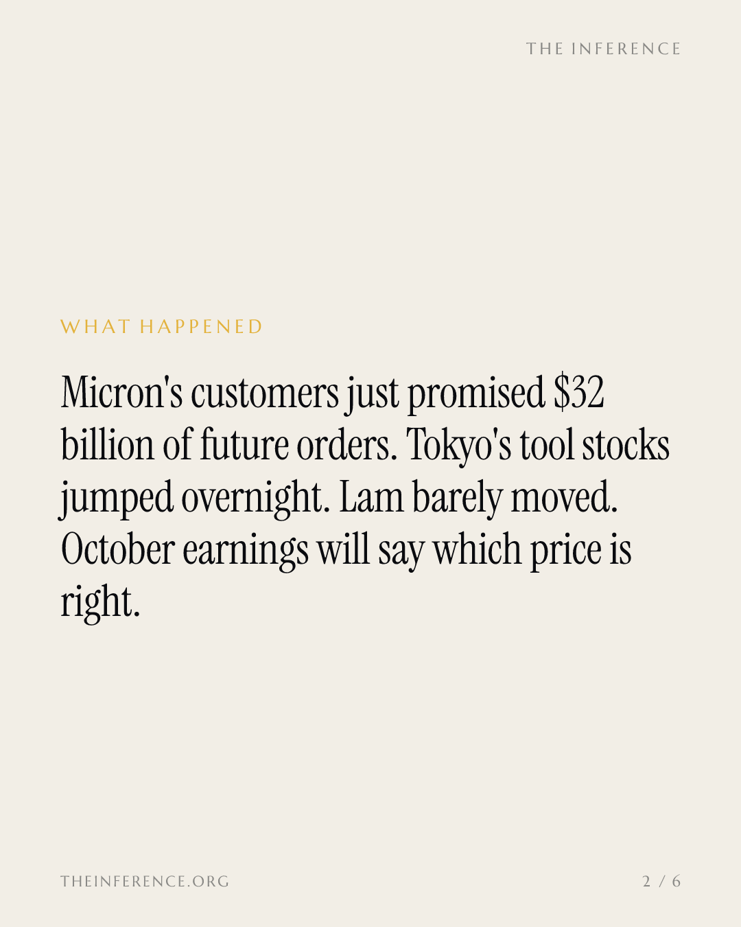 Tokyo re-rated memory tools 11% overnight. Lam, the logic play, stood still. — slide 1