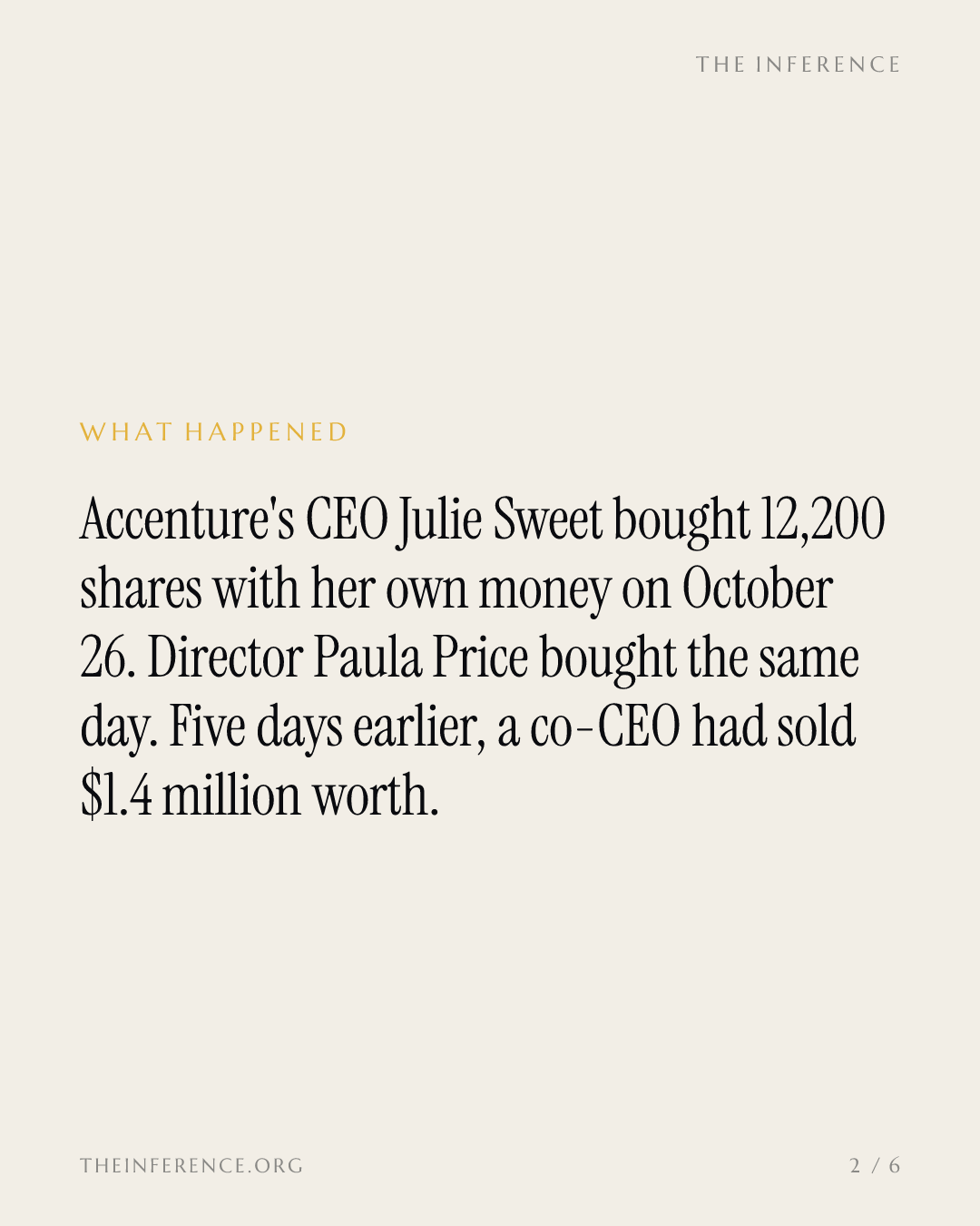 Accenture CEO Julie Sweet bought $3.0 million of stock five days after a co-CEO sold $1.4 million — slide 1