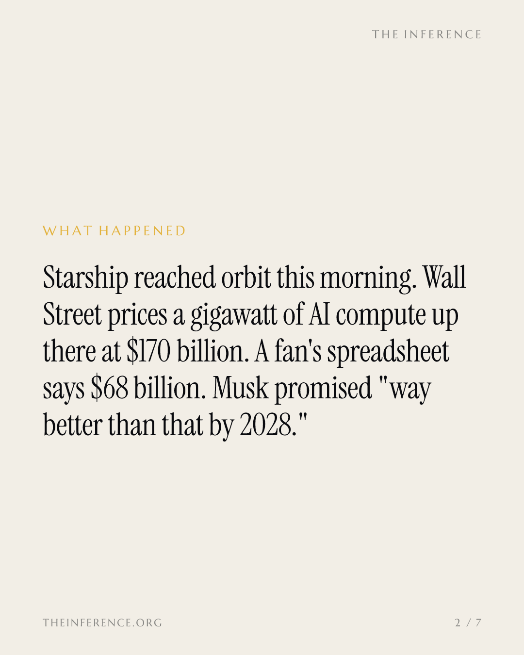 Wall Street prices a gigawatt in orbit at $170 billion. Musk says way better by 2028 — slide 1