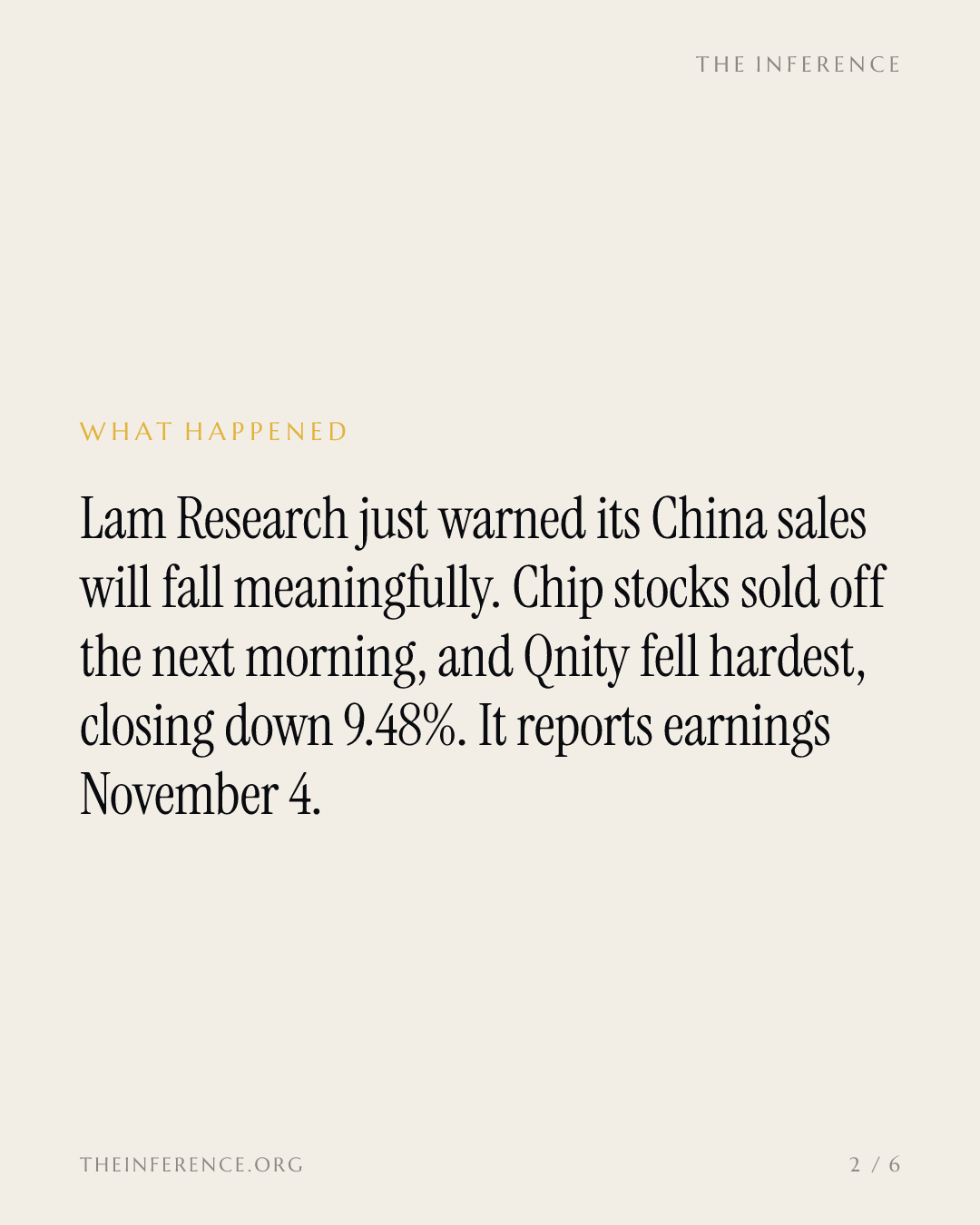 Lam Research warned China sales will fall; Qnity, down 9.5% with China a third of revenue, reports Nov. 4 — slide 1