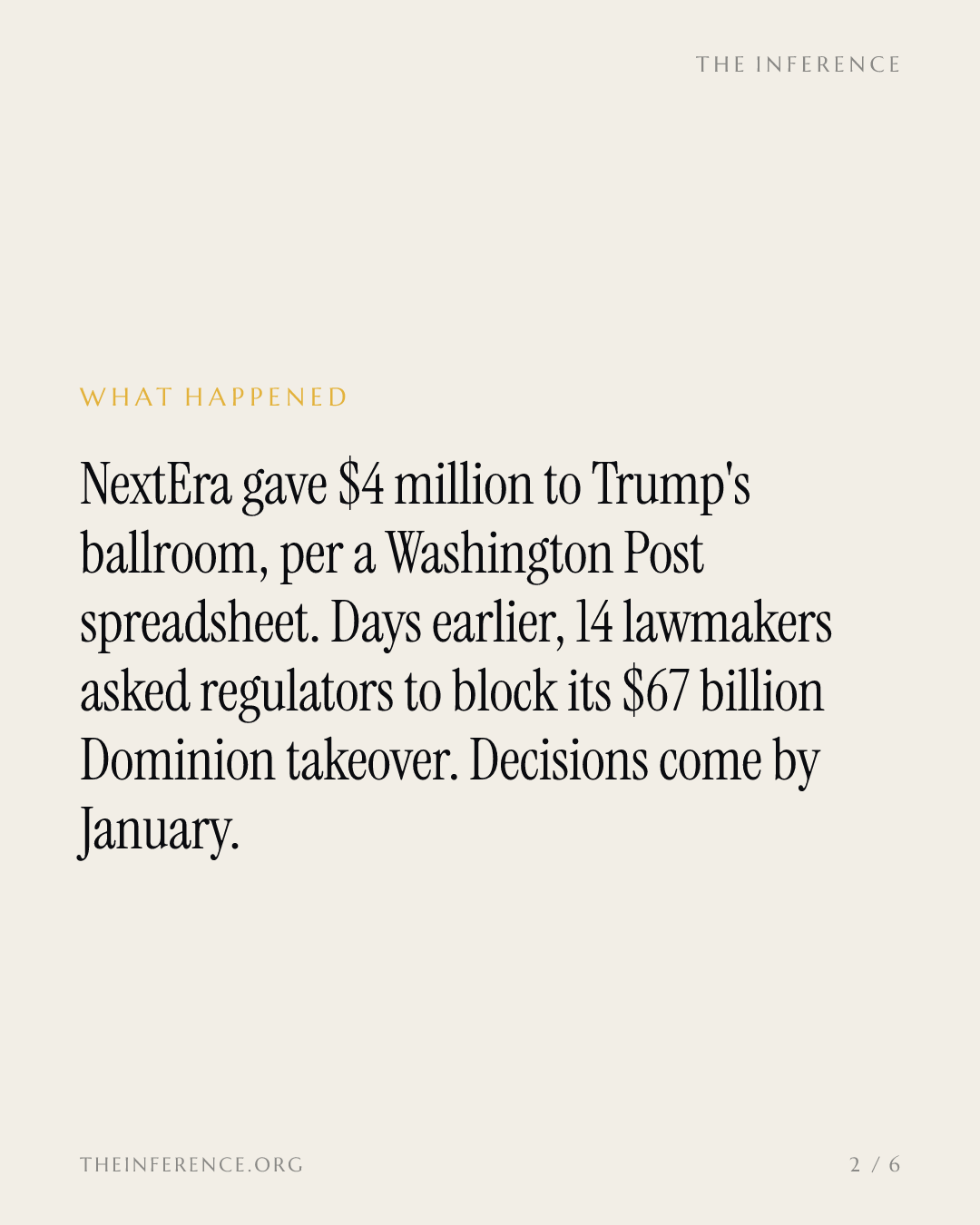 NextEra gave $4 million to Trump's ballroom as 14 lawmakers ask FERC to deny its $67 billion Dominion bid — slide 1