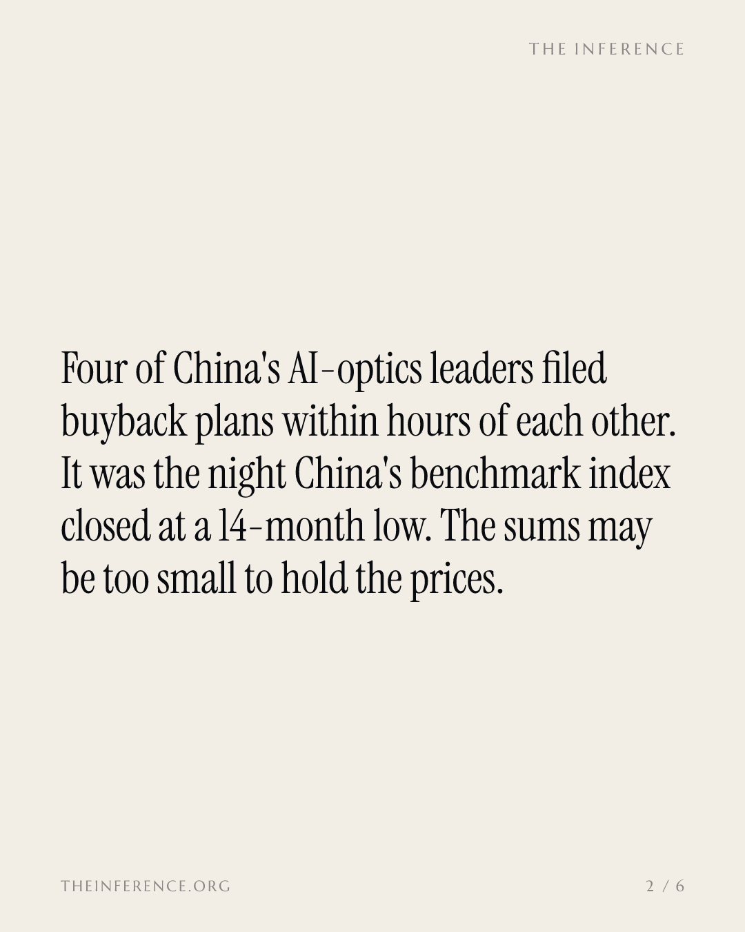 Four Chinese AI-optics makers announced same-night buybacks; the smallest is 0.06% of Suzhou TFC's value — slide 1
