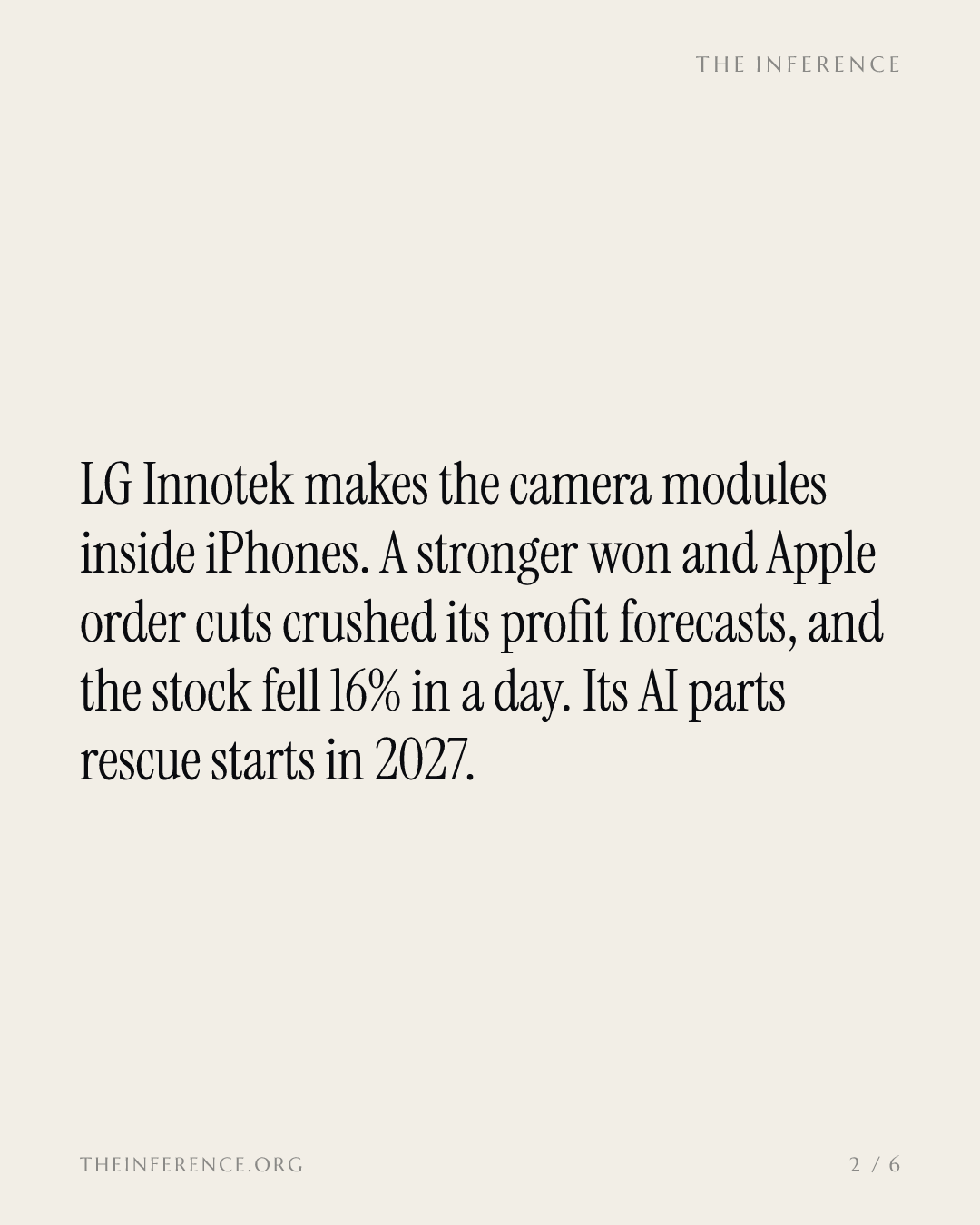 LG Innotek fell 16% in a day as profit forecasts collapsed; its AI parts rescue starts in 2027 — slide 1