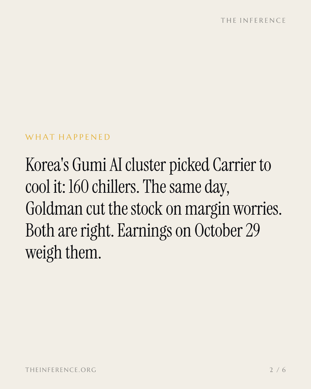 Korea's pick of 160 Carrier chillers surfaced the same day Goldman cut the stock — slide 1