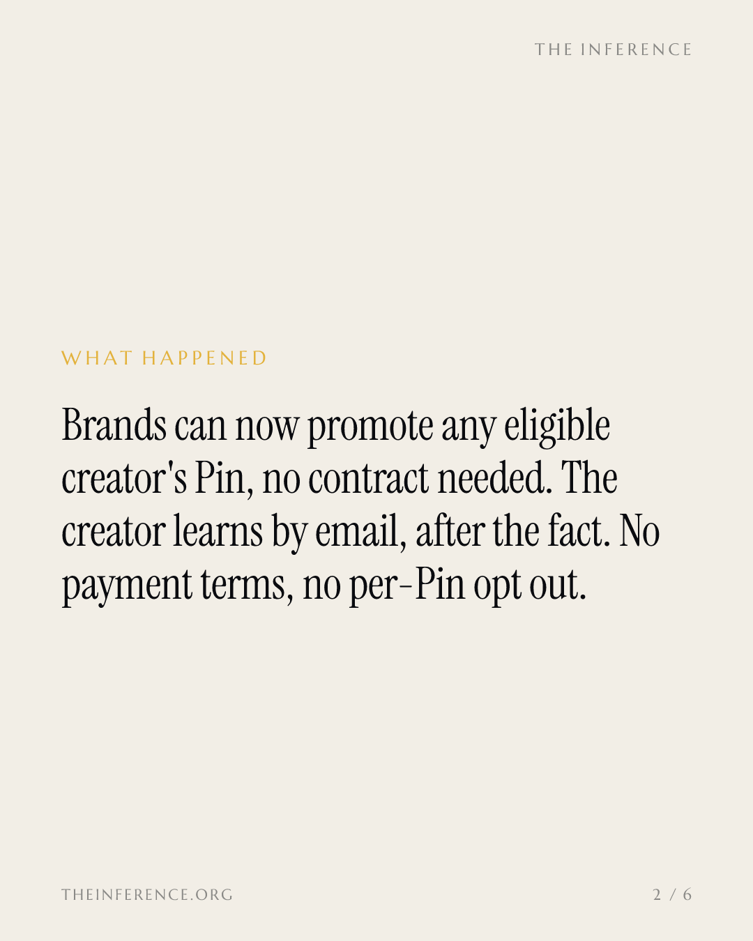 Pinterest now sells creators' Pins as ads without a deal; the creator gets an email — slide 1