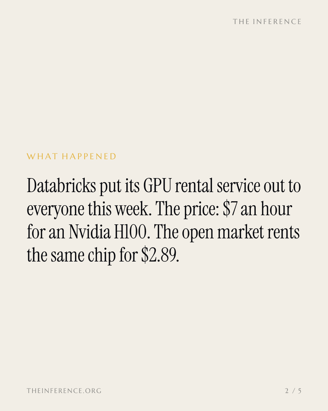 Databricks charges $7 per H100 GPU-hour, 2.4 times the market rate, and caps a node at eight GPUs — slide 1