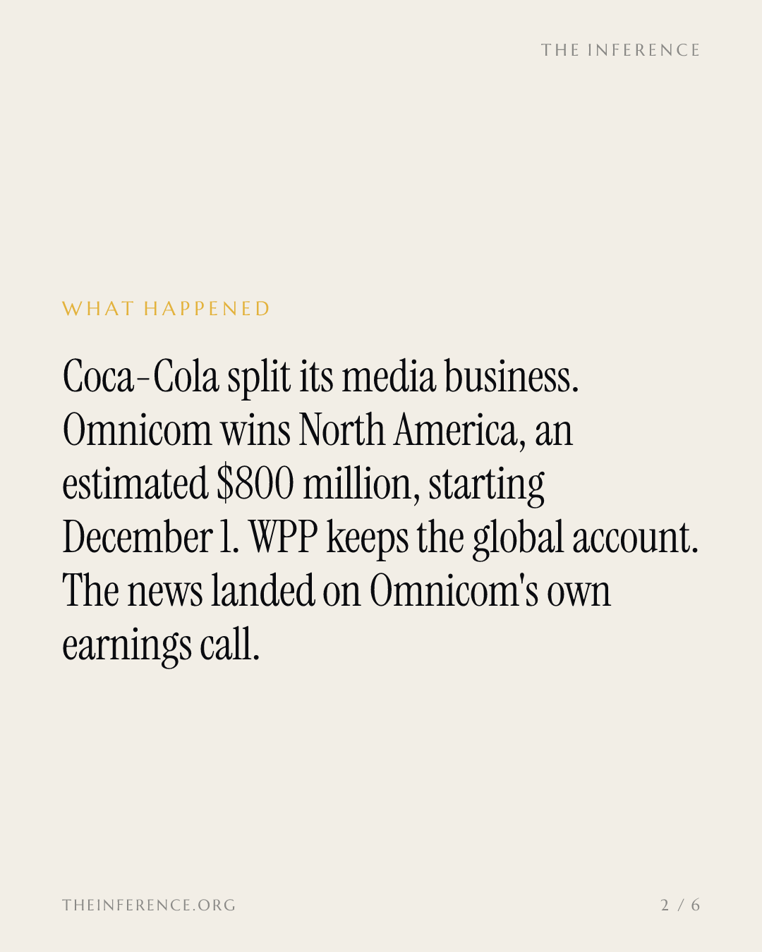 Coca-Cola hands Omnicom $800 million of North America media; WPP keeps the $4 billion global account — slide 1