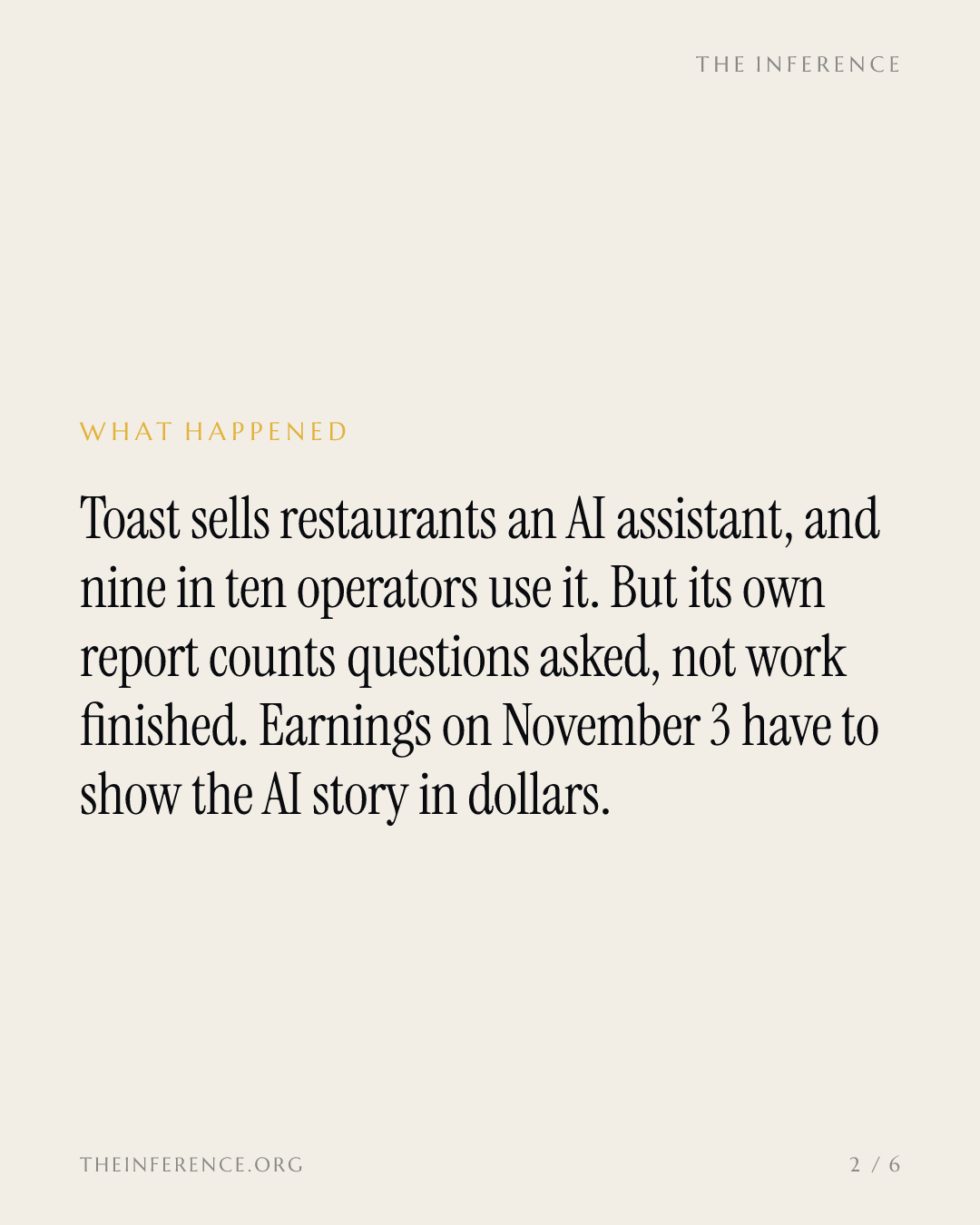 Toast's AI numbers count questions asked, and November 3 is where the dollars should appear — slide 1