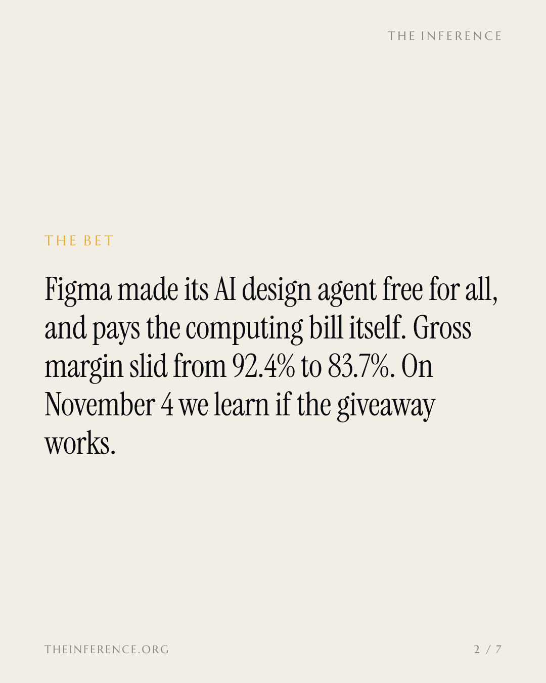 Figma's gross margin fell from 92.4% to 83.7% as it gives away AI agents; Nov. 4 shows if customers pay — slide 1