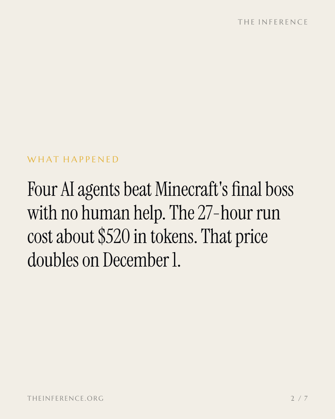 Google's Gemini agents killed Minecraft's final boss for $520 in tokens; the rate doubles December 1 — slide 1