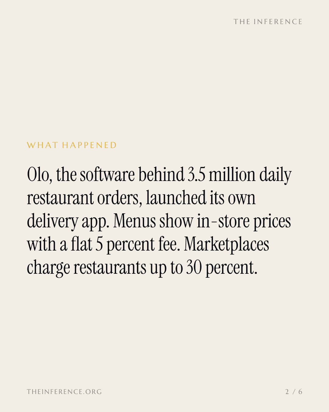 Olo takes a flat 5% on delivery where DoorDash and Uber Eats charge restaurants up to 30% — slide 1