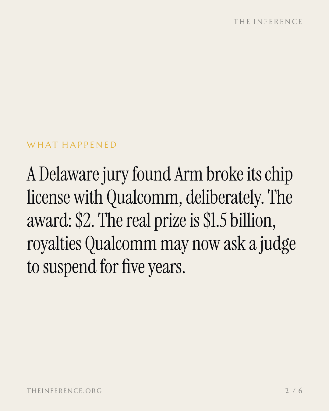 Qualcomm won $2 in a Delaware jury verdict against Arm; $1.5 billion of royalties await a judge — slide 1