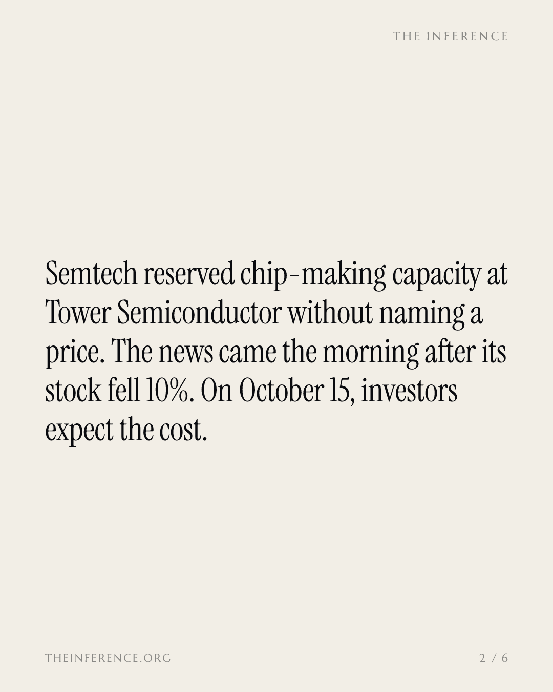 Semtech reserved Tower Semiconductor capacity for AI chips without a price; its analyst day is October 15 — slide 1