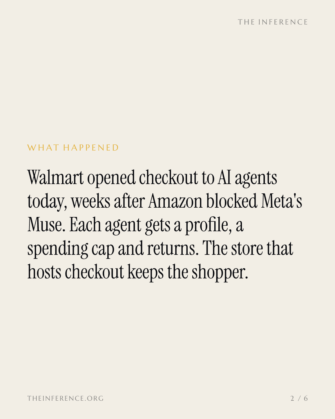 Walmart opens checkout to AI agents with spending caps and returns; Amazon keeps Meta's Muse out — slide 1
