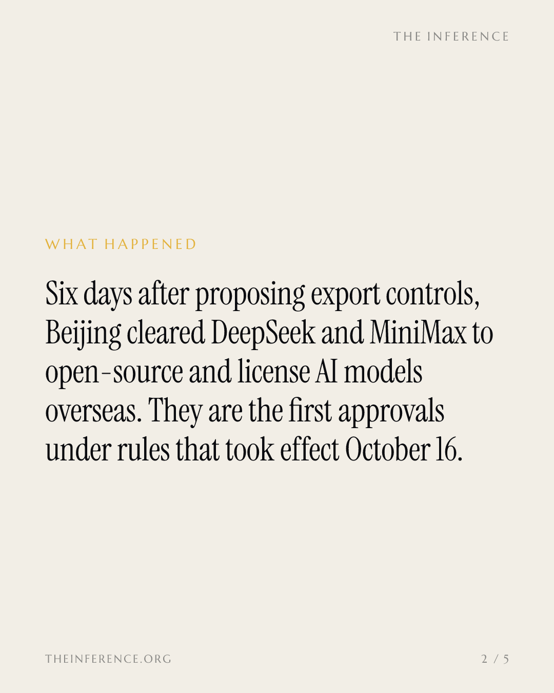 China clears DeepSeek and MiniMax to license AI abroad while $150 billion sits in the red — slide 1