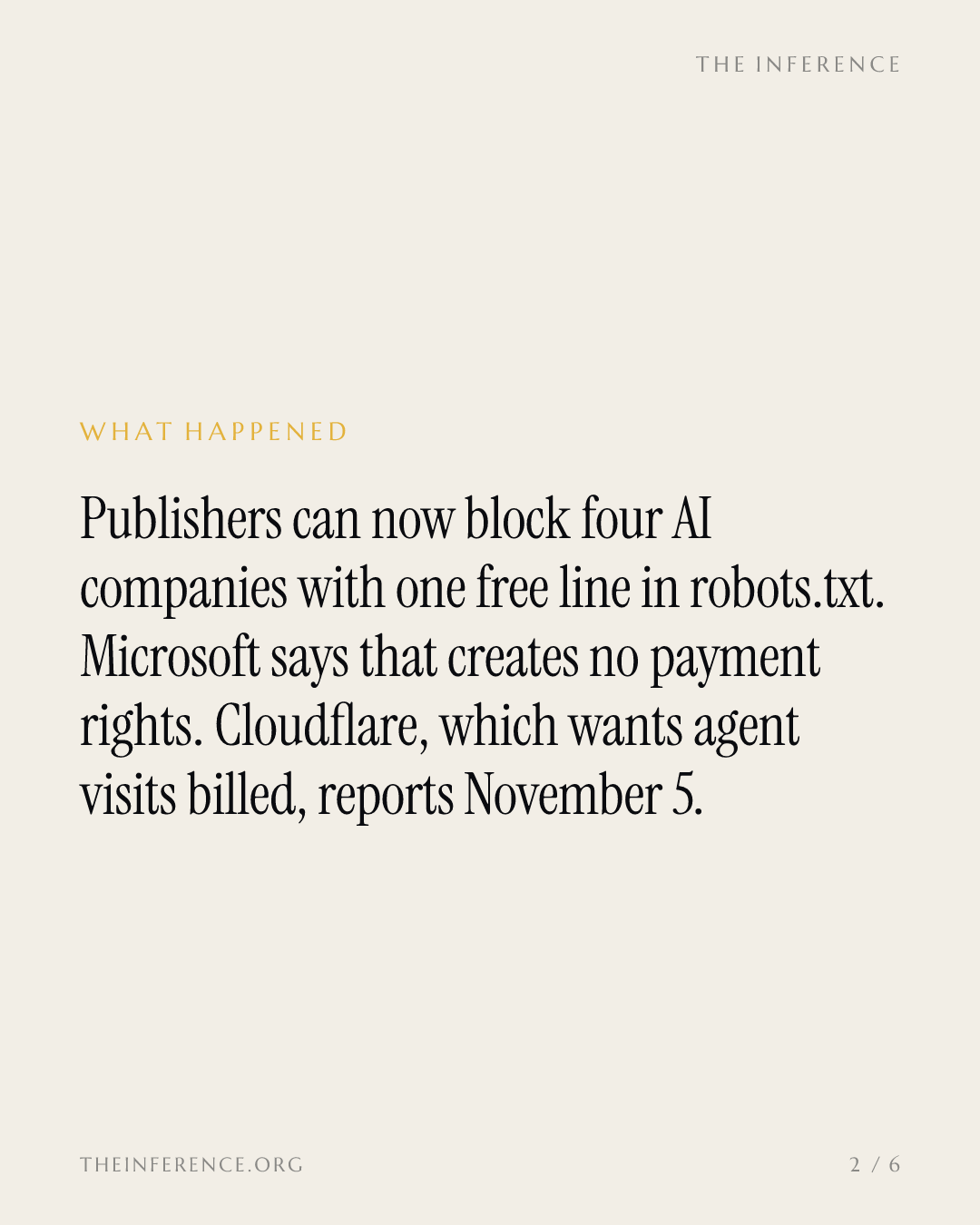 OpenAI, Google, Microsoft and Anthropic adopt a free robots.txt opt-out; Cloudflare's margin fell to 71.8% — slide 1