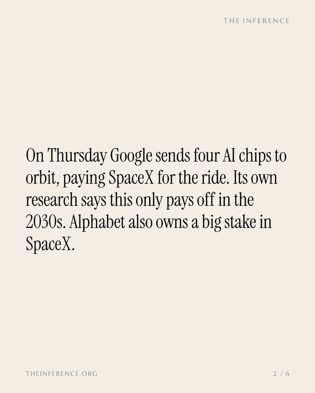 Google Says Orbital AI Breaks Even in the 2030s. It Is Paying SpaceX to Fly It Thursday. — slide 1