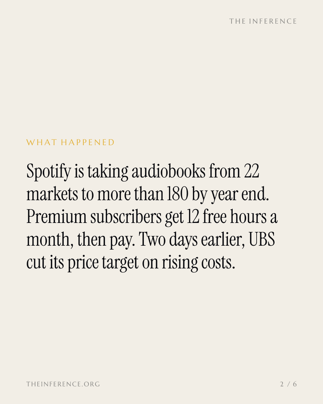 Spotify's 12-hour audiobook cap goes to more than 180 markets, two days after UBS cut its target to $675 — slide 1