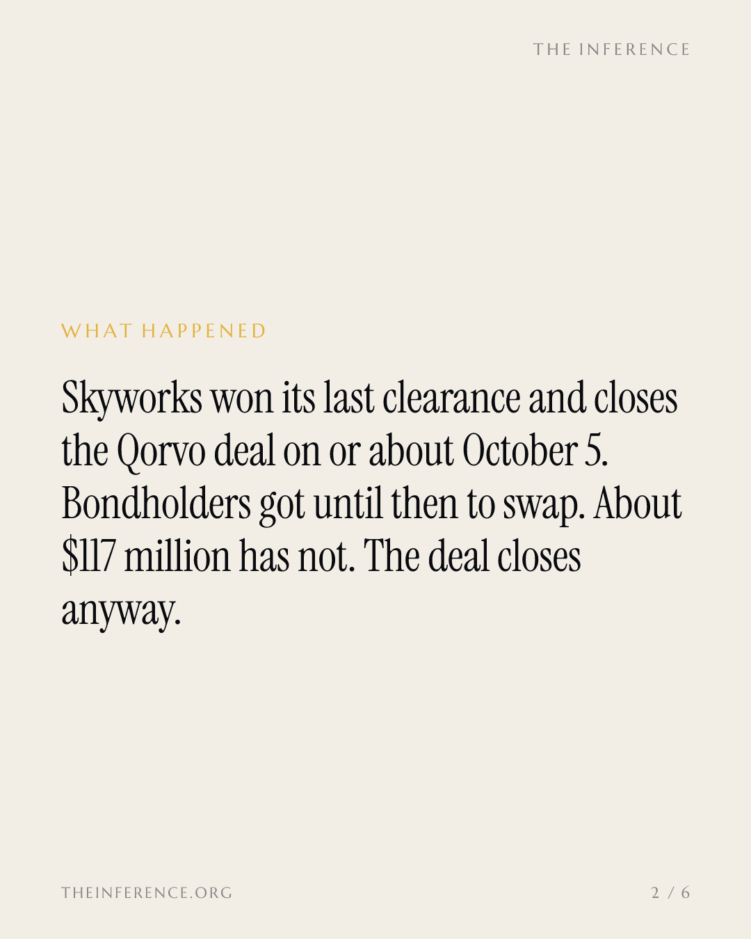 Clearances in, leverage gone: Skyworks gives Qorvo's $117 million holdouts until closing day — slide 1