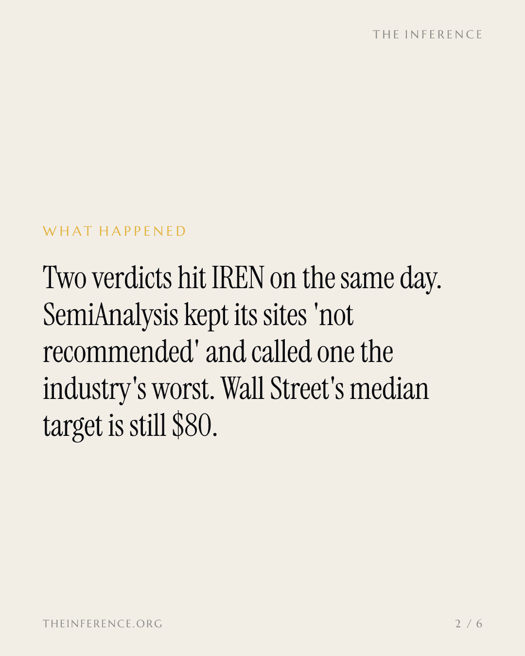 SemiAnalysis califica de las peores del sector las antiguas instalaciones de IREN; la mediana de los analistas se queda en 80 dólares — slide 1