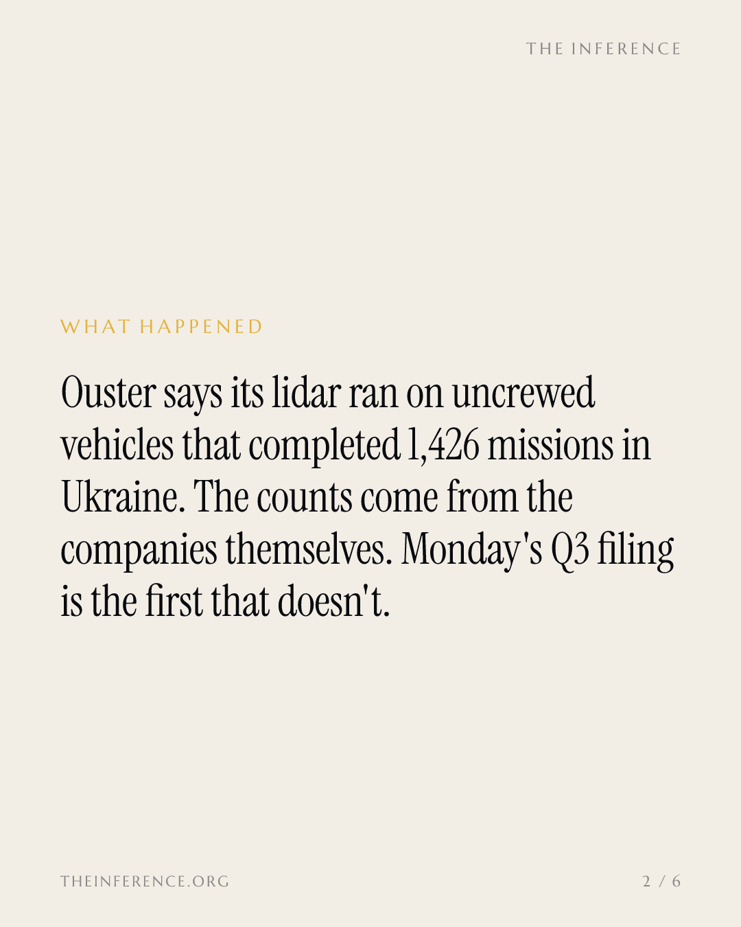 Ouster's 1,426 Ukraine missions are supplier-reported, and its $2.32 billion market cap faces Q3 on Nov. 3 — slide 1