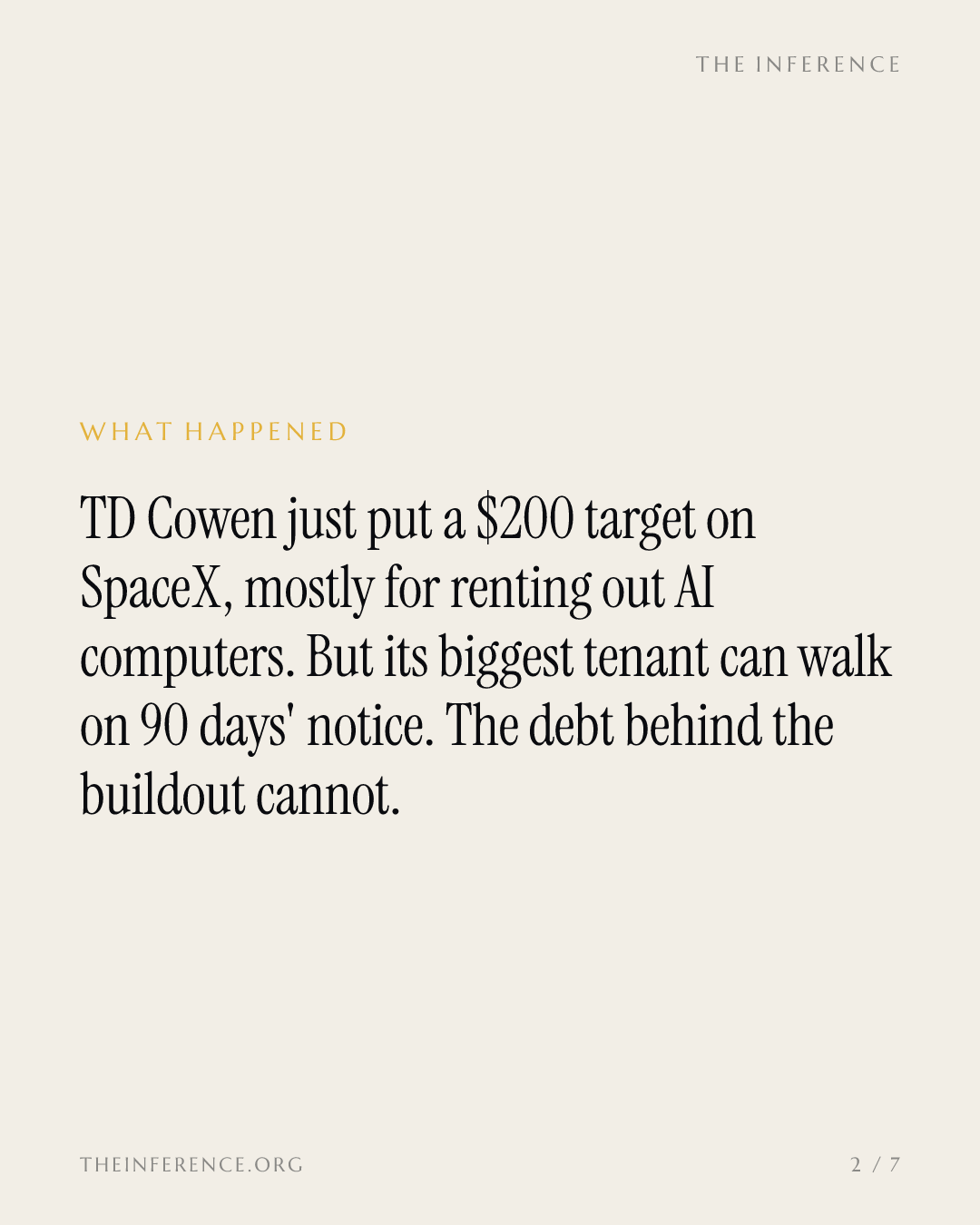 TD Cowen's $200 SpaceX call rests on AI leases tenants can cancel in 90 days — slide 1