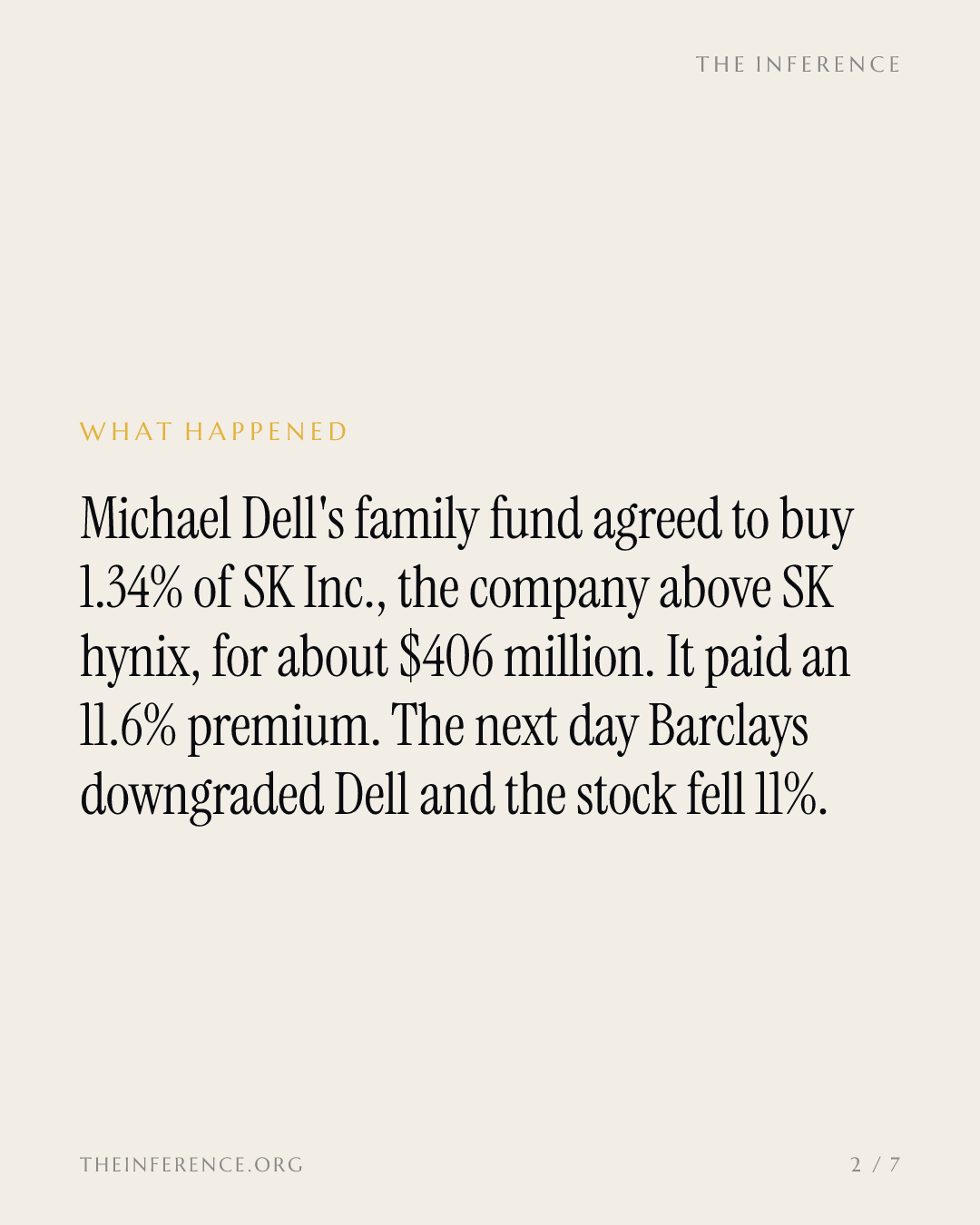 Michael Dell's family fund paid an 11.6% premium for SK hynix's parent the day before Barclays cut Dell — slide 1